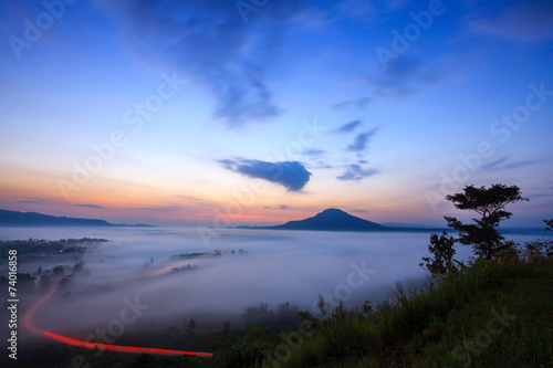 misty morning sunrise and road in mountain at Khao-kho Phetchabu