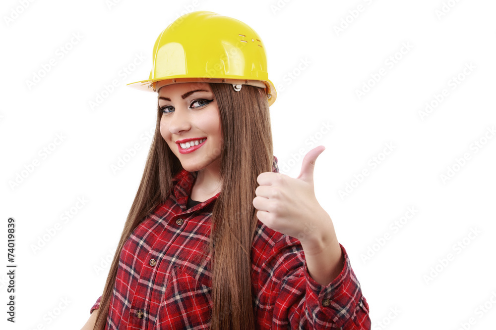 young engineer with helmet showing ok sign young engineer with helmet showing ok sign