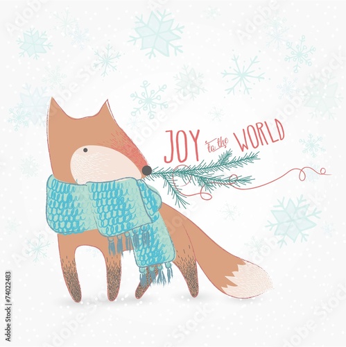 Joy To The World Doodle Christmas Card With Cute Fox