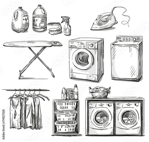 Big wash. Laundry objects. Vector sketch.