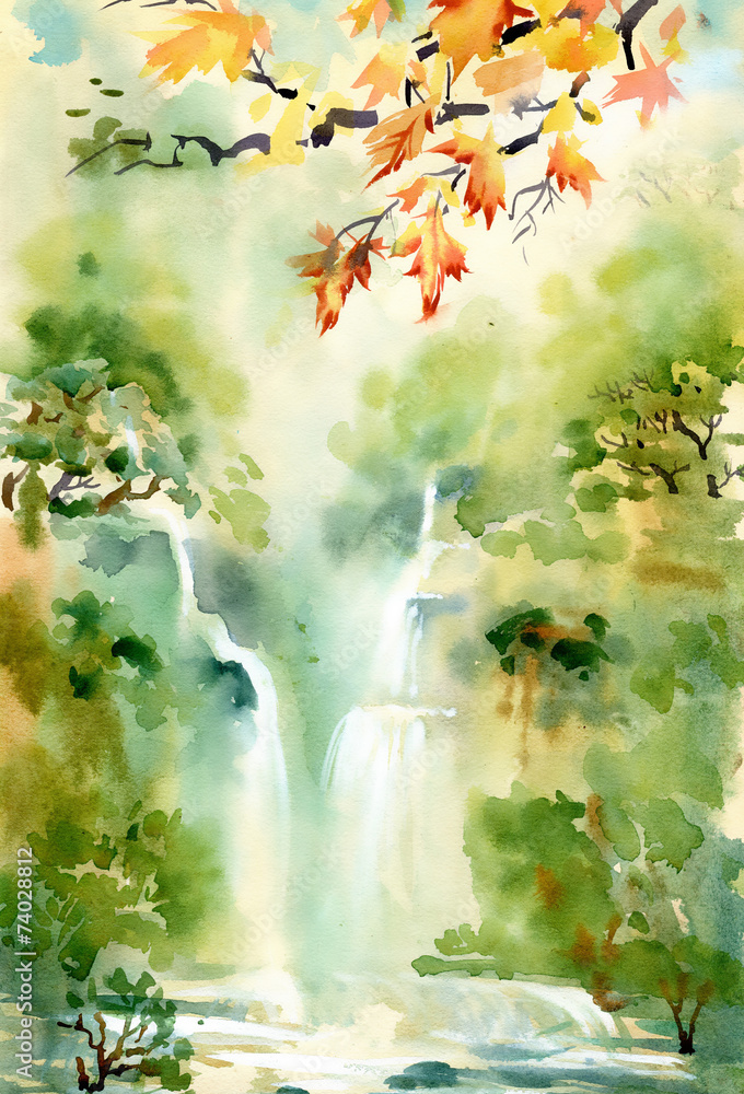 Obraz premium Watercolor illustration of beautiful waterfall and mountains