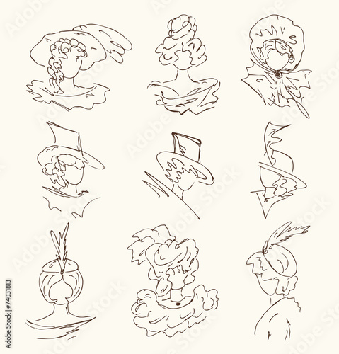 Sketchy isolated woman's head silhouettes