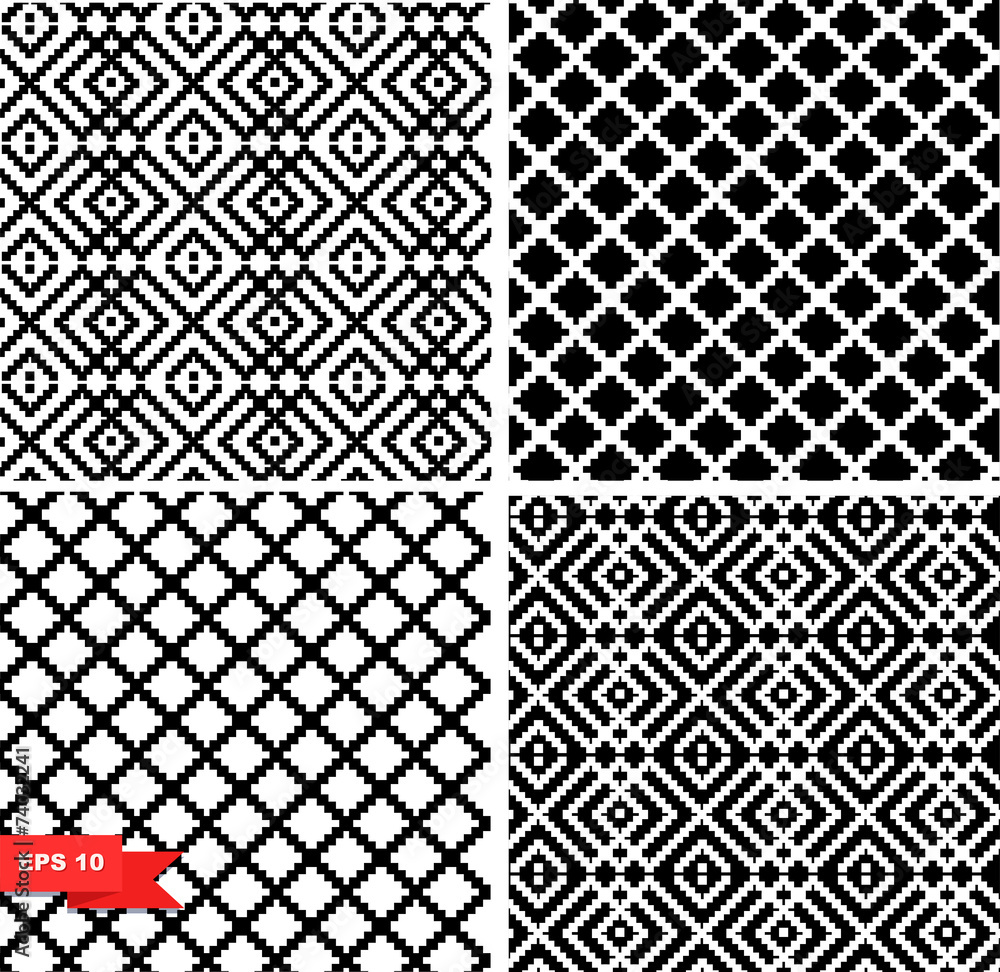 Decorative checkered black and white patterns set