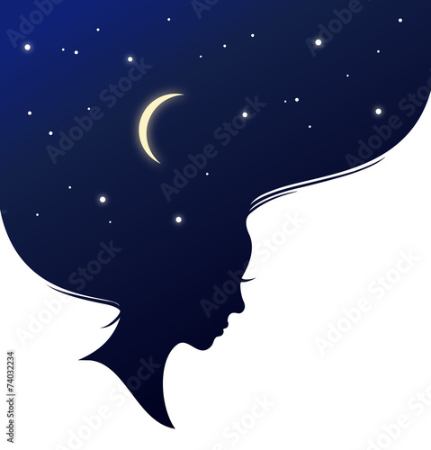 Isolated woman head with long hear looks like evening sky.