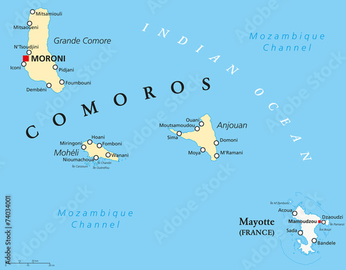 Comoros and Mayotte Political Map photo