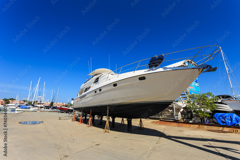 Luxury yacht beached for annual service and repair