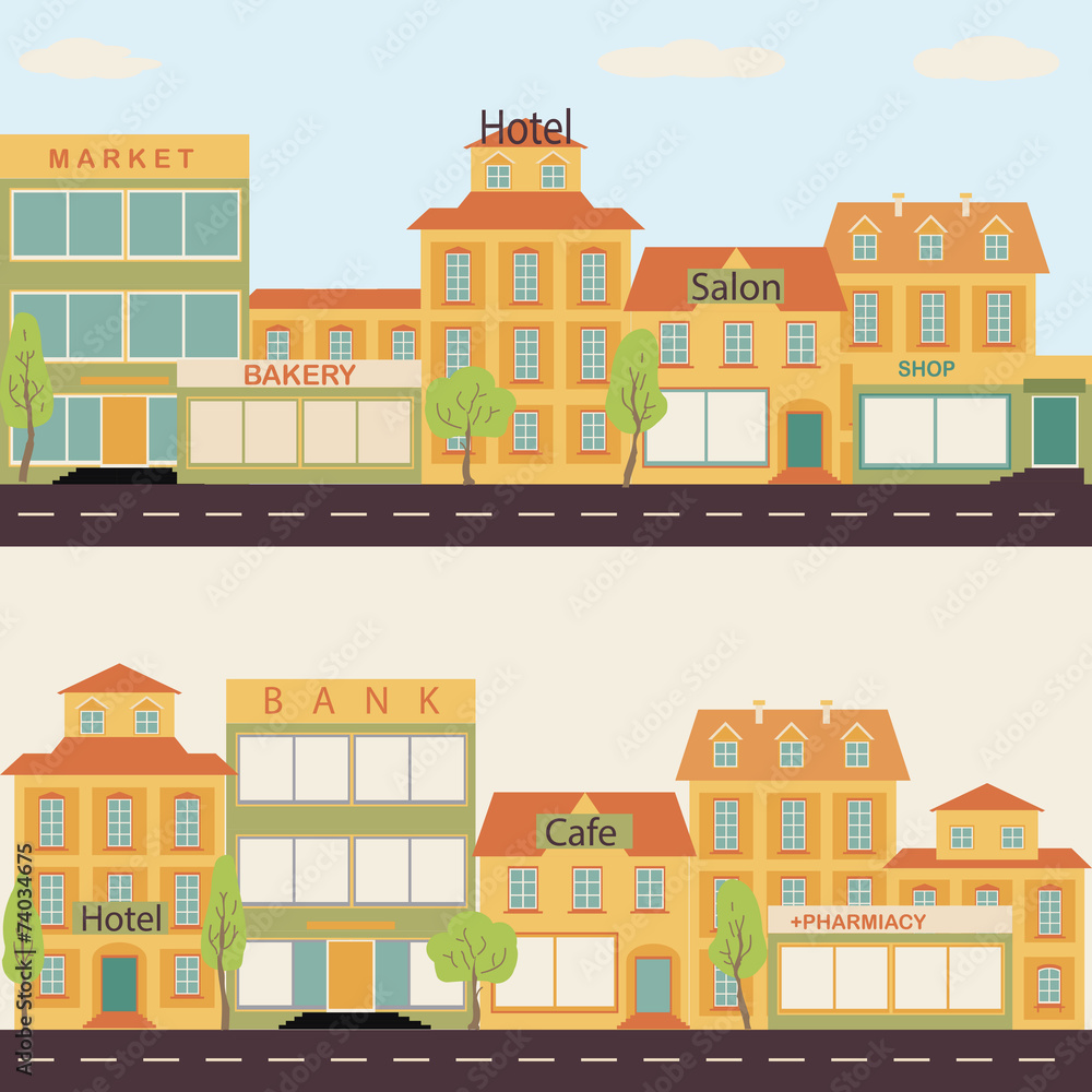 Set of buildings in the style small business flat design