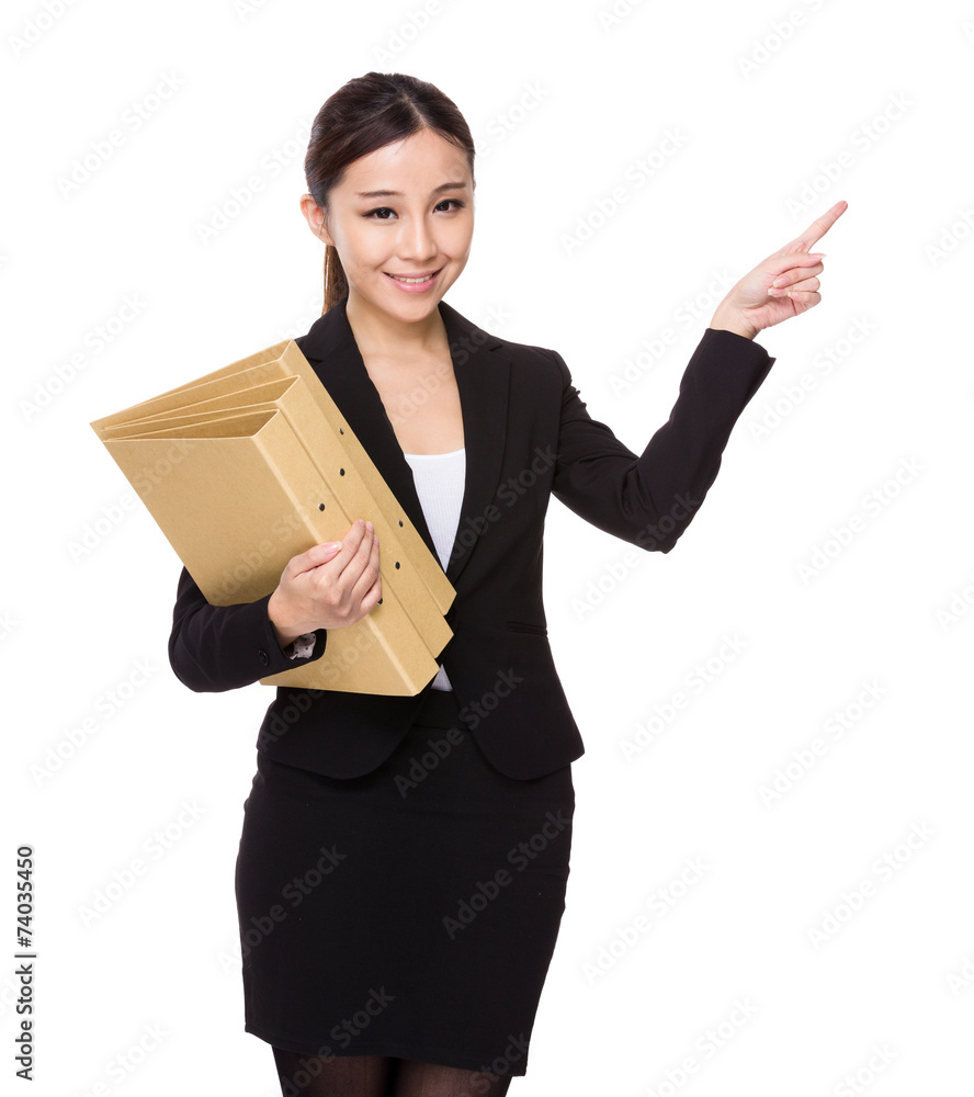 Businesswoman hold with folder and finger point up Businesswoman hold with folder and finger point up