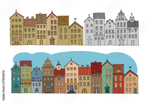 Cartoon hand drawing houses, vector