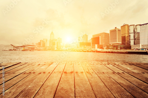 Photography plank board and cityscape of modern city hongkong waterfront