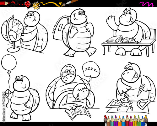 school turtle set cartoon coloring page