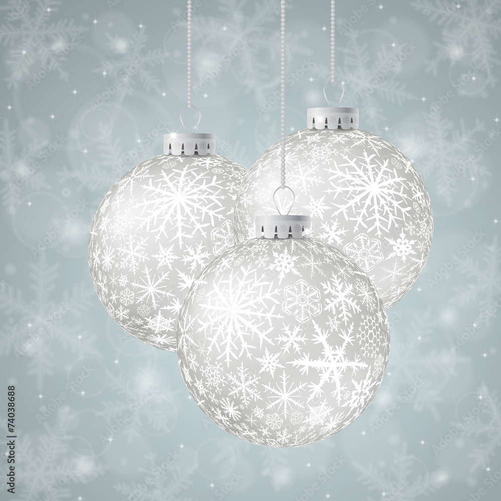 Christmas card with white balls and snowflakes on light Christmas card with white balls and snowflakes on light