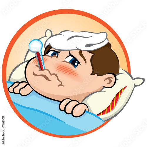Child sick with fever lying with a thermometer in his mouth.