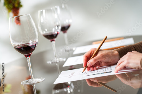 Bilde på lerret Hands taking notes at wine tasting.