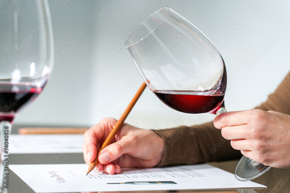 Sommelier evaluating red wine. - obrazy, fototapety, plakaty 