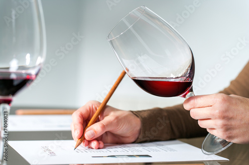 Sommelier evaluating red wine. photo