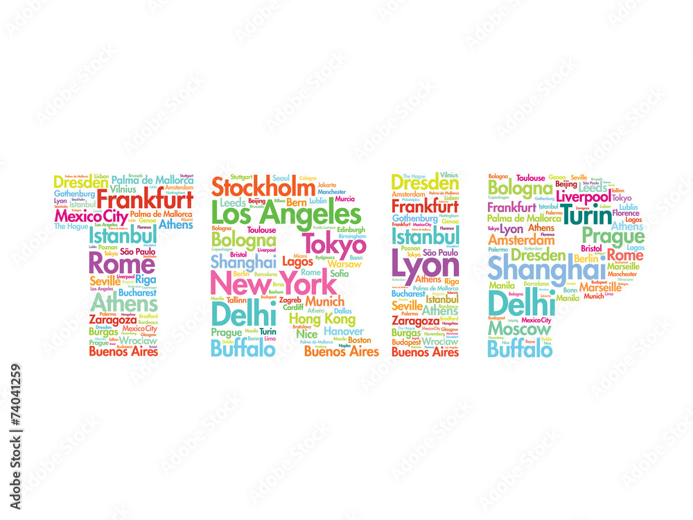 Naklejka premium TRIP travel concept made with words cities names, vector collage