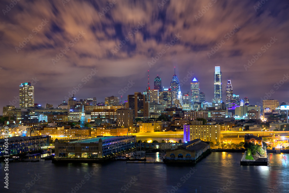 Philadelphia skyline at night, US