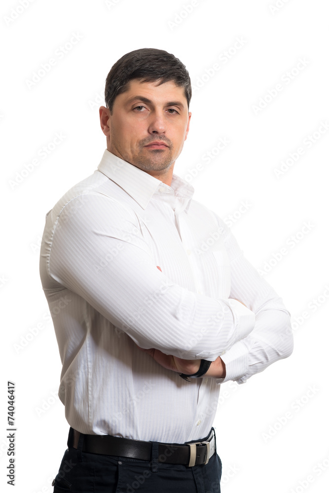 Portrait of young man with very handsome face in white casual sh Portrait of young man with very handsome face in white casual sh