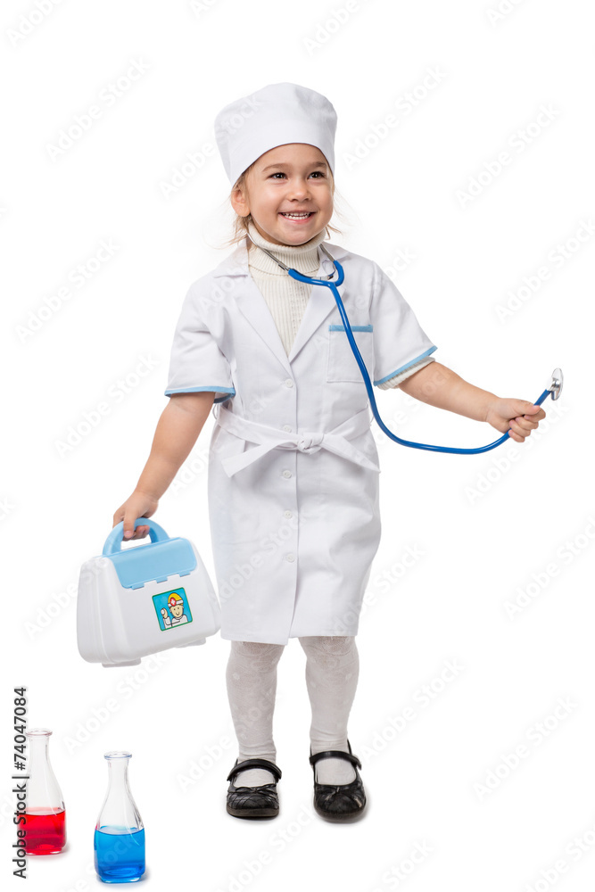 Girl with stethoscope playing in a doctor, isolated on white Girl with stethoscope playing in a doctor, isolated on white