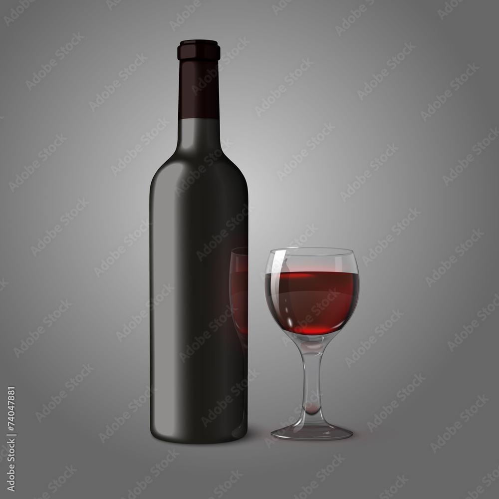 Blank black realistic bottle for red wine with glass, isolated. Blank black realistic bottle for red wine with glass, isolated.