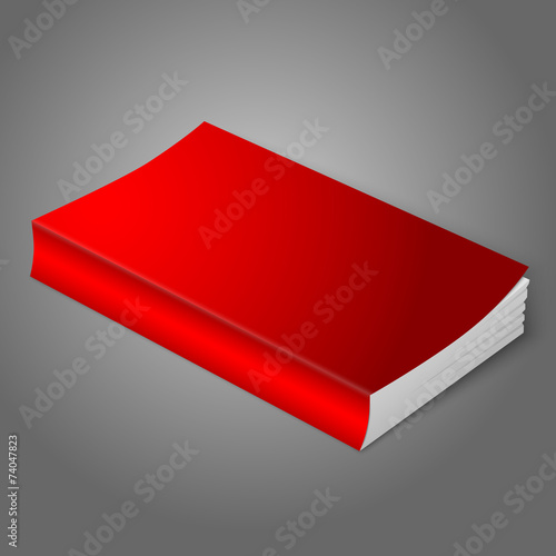 Realistic bright red blank softcover book. Isolated on grey