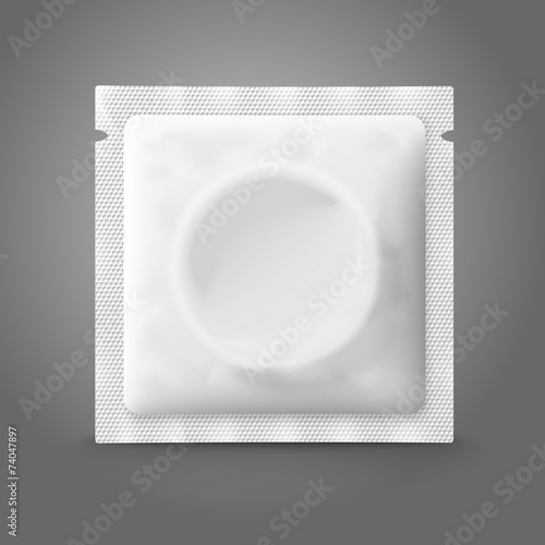 Blank white plastic condom pack, isolated on grey background