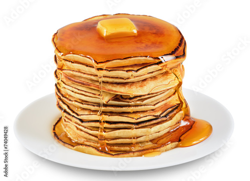 Pancakes with butter and syrup.