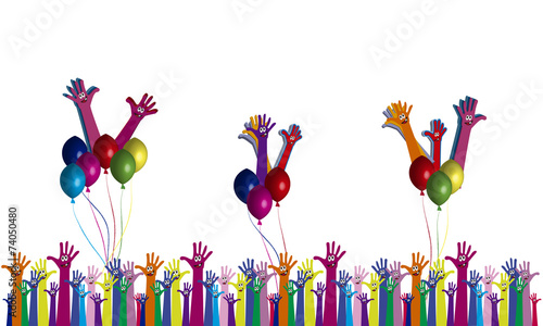 Manos con caras alegres y globos.