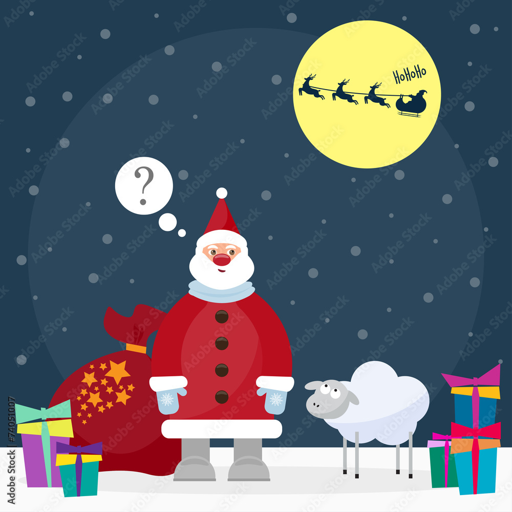 funny cartoon winter holidays background with Santa and cute she funny cartoon winter holidays background with Santa and cute she