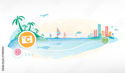 Photo camera on travel background.