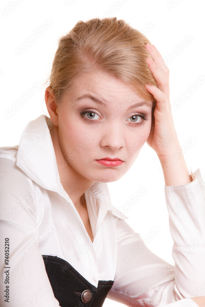 Pensive thoughtful woman. Overworked businesswoman. Pensive thoughtful woman. Overworked businesswoman.