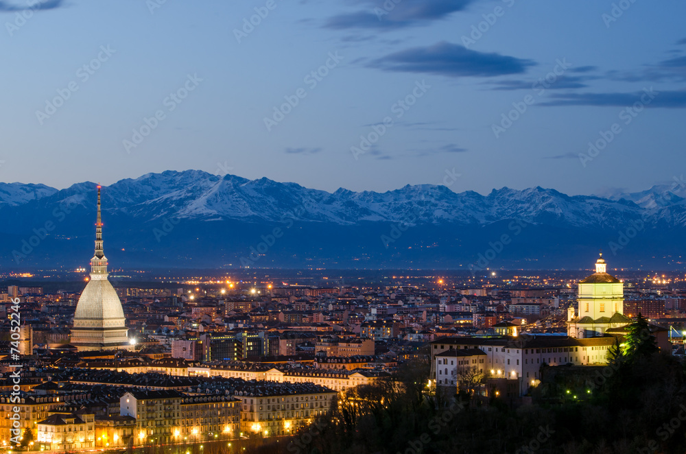 Turin (Torino), night landscape with Alps
