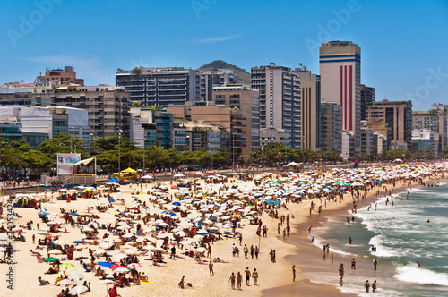 Crowded Ipanema and Leblon Beaches on Clear Sunny Summer Day