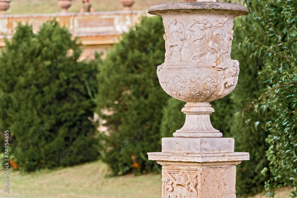 Carved flower pot in Villa Pamphili Park in Rome, Italy.