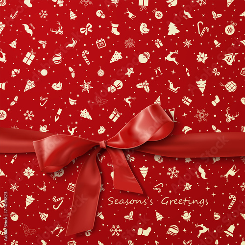 Red Bow over red Christmas wrapping paper icons seamless pattern