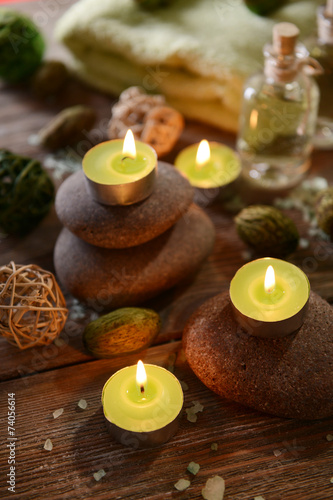 Composition of spa treatment on wooden background