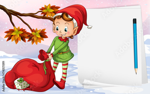 An empty paper beside the elf
