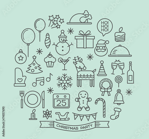 Christmas party elements outline icons set