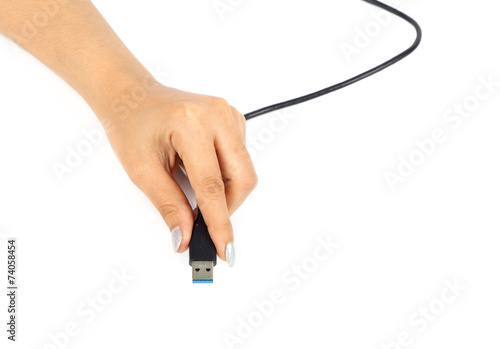 hand with USB 3.0 Cable Plug on a white