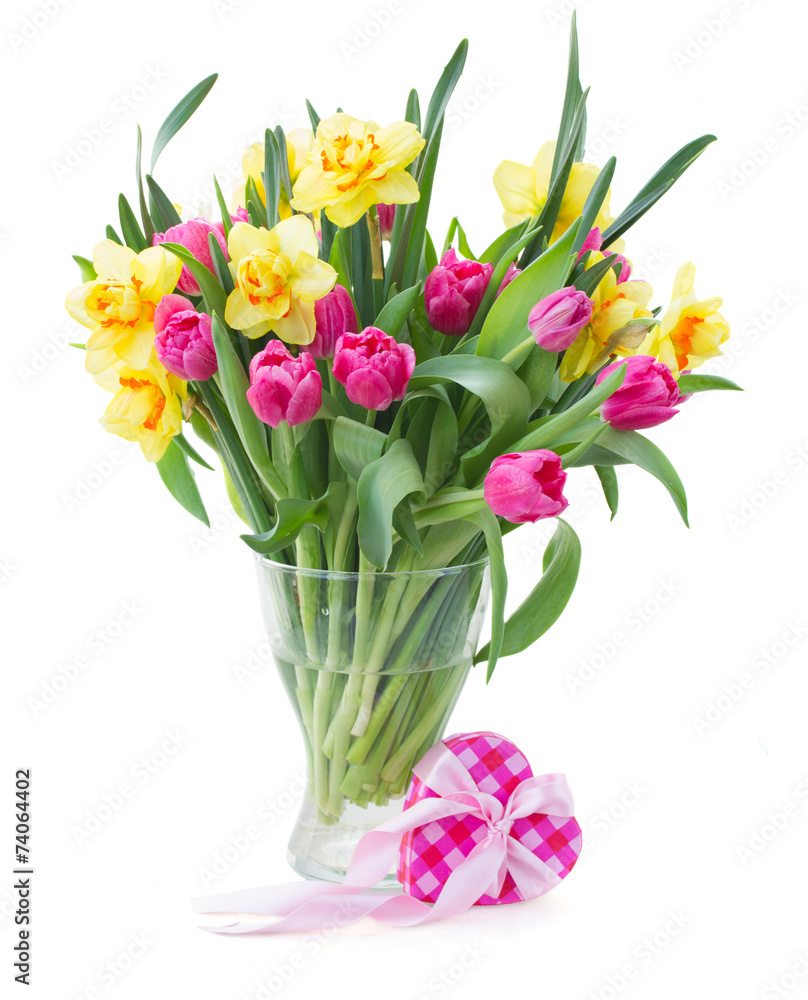 bunch of tulips and daffodils in vase bunch of tulips and daffodils in vase