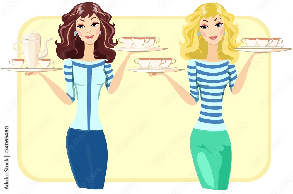 Cute Waitress with Tea and Coffee in the Restaurant, Vector Cute Waitress with Tea and Coffee in the Restaurant, Vector