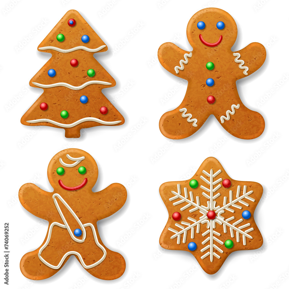 Set of Christmas gingerbread, decorated colored icing - obrazy, fototapety, plakaty 
