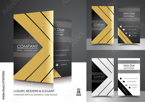 Creative vertical business card design with gold ribbons