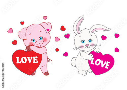 Pig and rabbit holding a heart Vector characters Valentine's Day