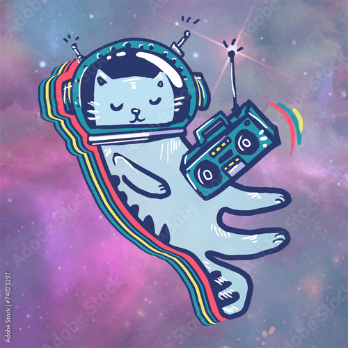 Cat in space. Astronaut. Flying in space. listen to music