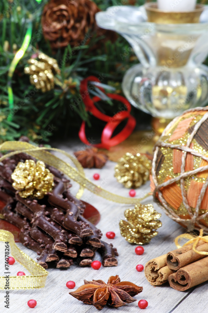 Dark chocolate in the New Year decoration Dark chocolate in the New Year decoration