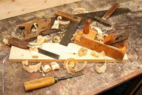 workshop with old work tools on the table