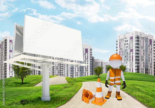 Three-dimensional worker by billbord on road running through photo