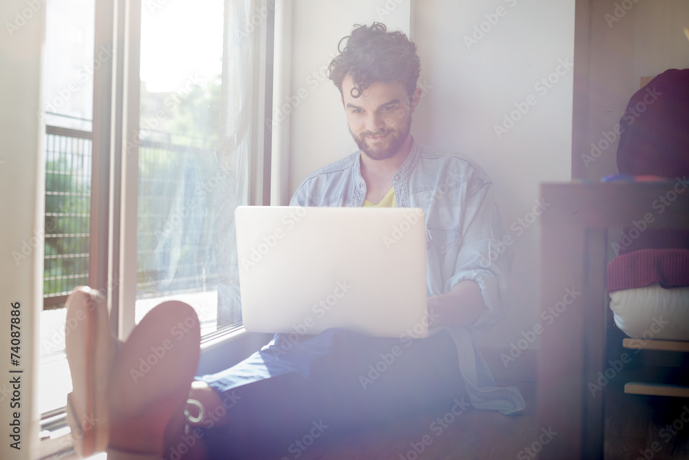 handsome hipster modern man working home using laptop handsome hipster modern man working home using laptop